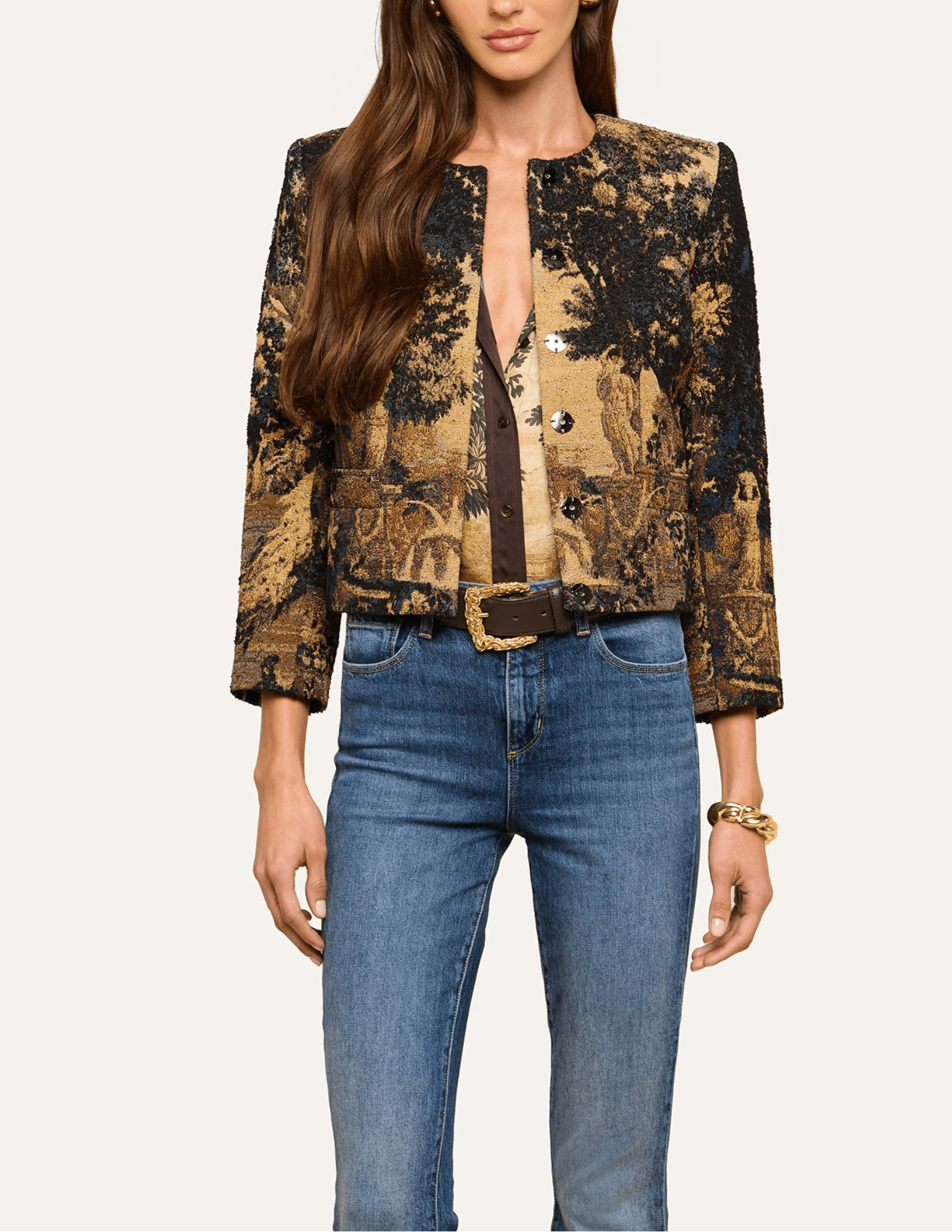 Front view of L'AGENCE Lian Multi Scenic Tapestry Jacket