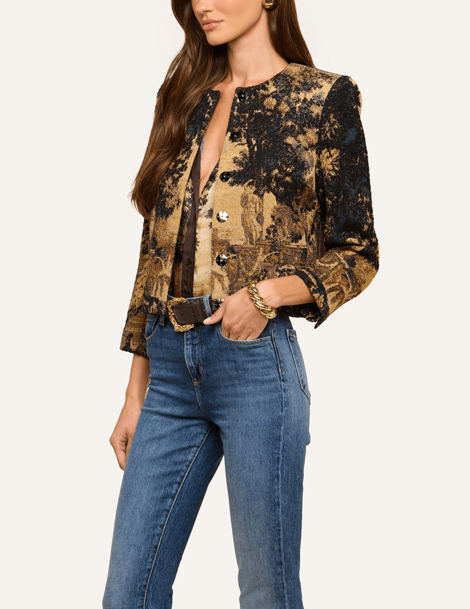 Side view of L'AGENCE Lian Multi Scenic Tapestry Jacket