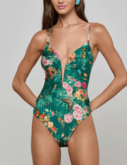 Front view of L’AGENCE Lilou V-Wire One Piece Swimsuit in green butterfly print