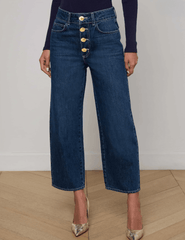L’AGENCE Liora High Rise Cropped Jean in Rampart model front view with gold buttons