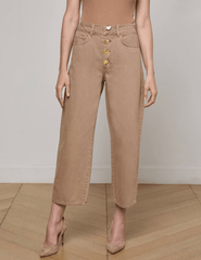 L’AGENCE Liora High Rise Cropped Jean in Dark Cappuccino model front view with gold buttons