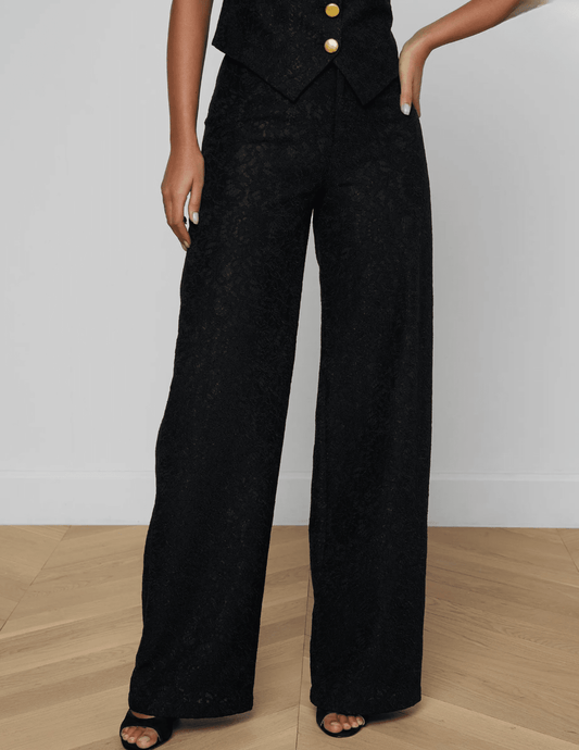 Front view of LAgence Livvy lace straight leg trouser in black