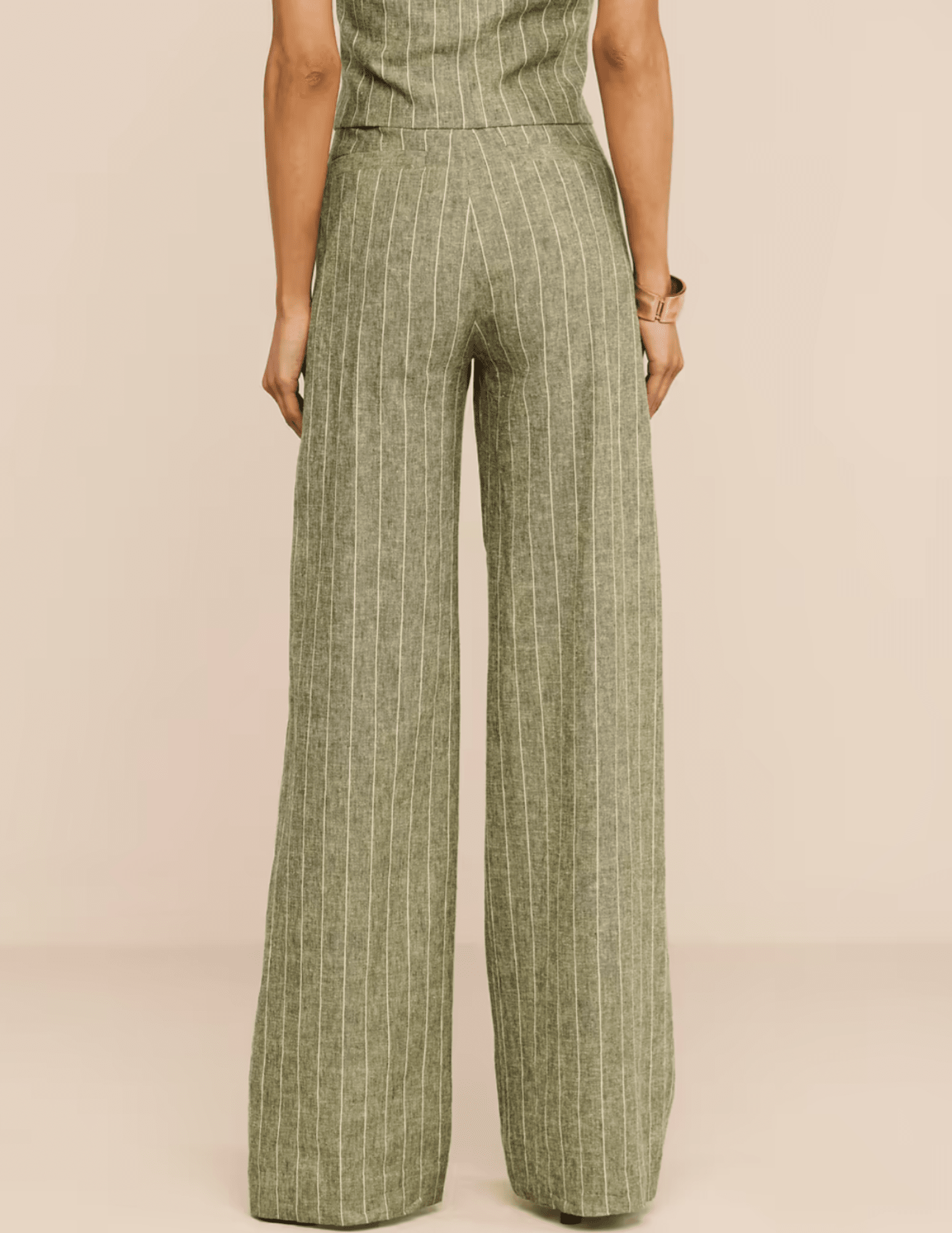 Back view of L'AGENCE Livvy Straight Leg Trouser in Olive Green Pinstripe