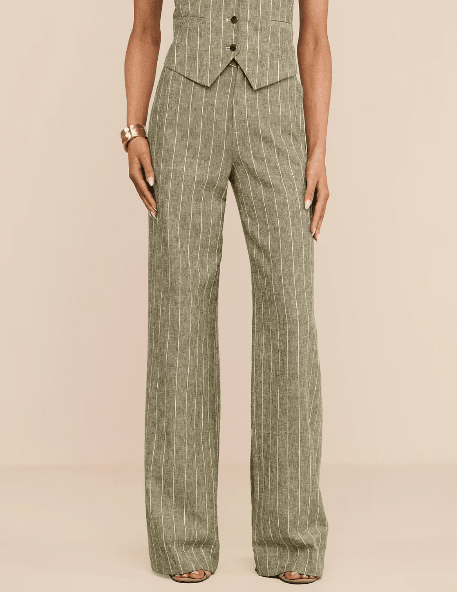 Front view of L'AGENCE Livvy Straight Leg Trouser in Olive Green Pinstripe
