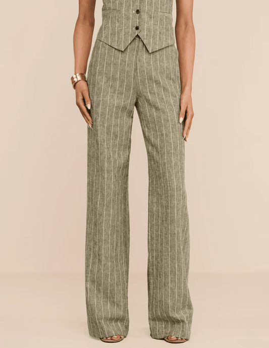Front view of L'AGENCE Livvy Straight Leg Trouser in Olive Green Pinstripe