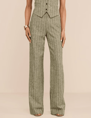 Front view of L'AGENCE Livvy Straight Leg Trouser in Olive Green Pinstripe
