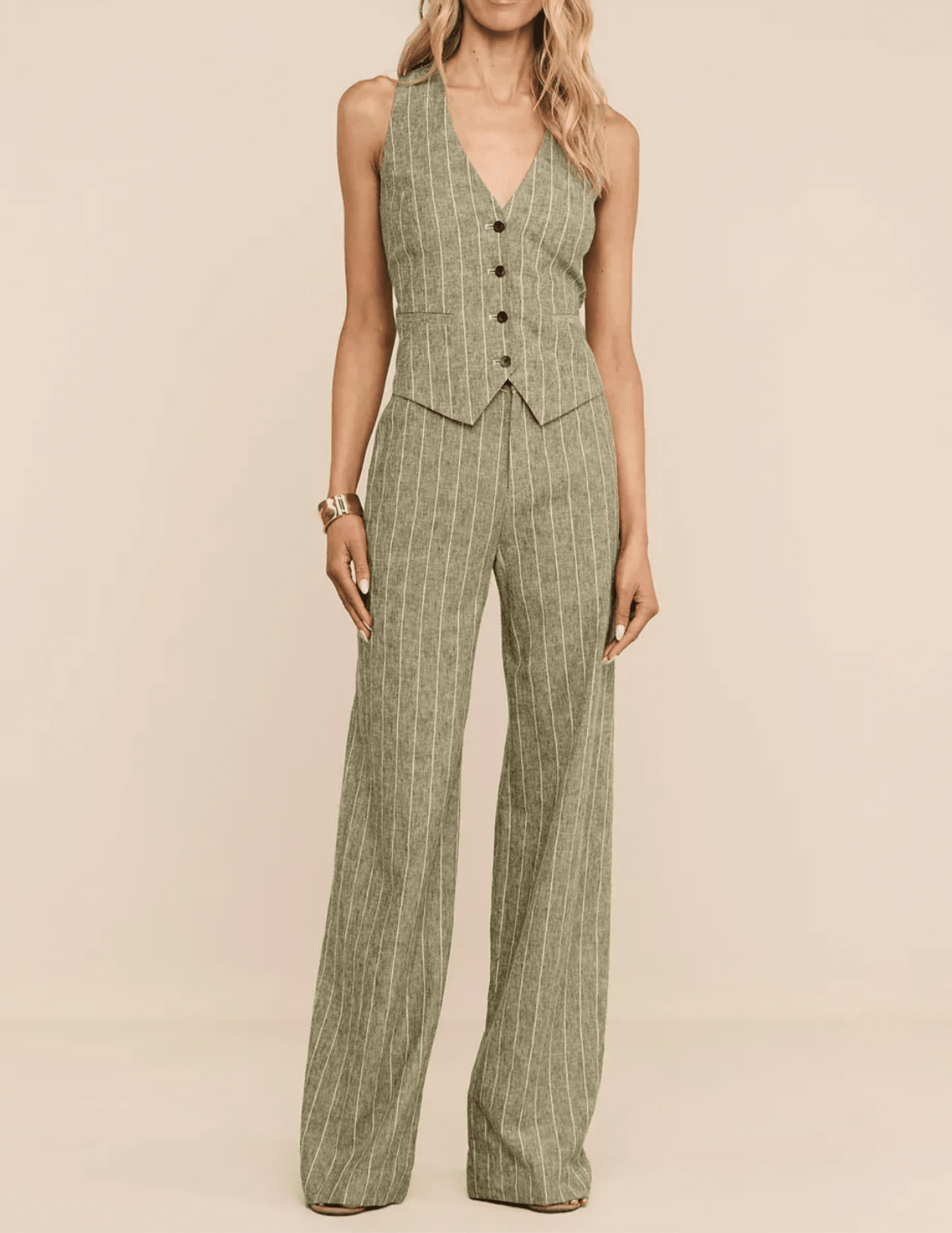 Full body view of L'AGENCE Livvy Straight Leg Trouser in Olive Green Pinstripe
