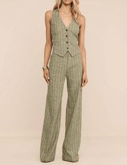 Full body view of L'AGENCE Livvy Straight Leg Trouser in Olive Green Pinstripe
