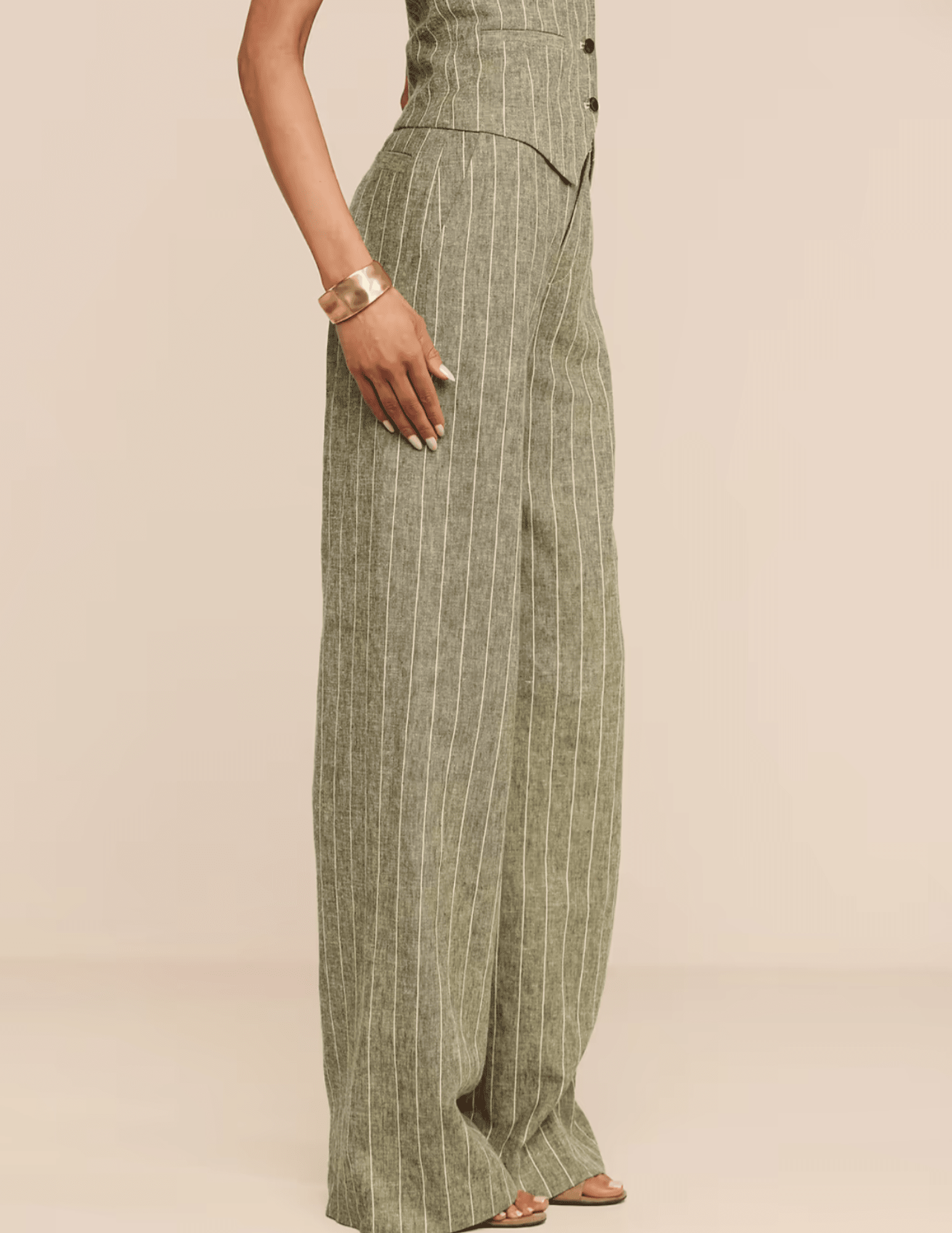Side view of L'AGENCE Livvy Straight Leg Trouser in Olive Green Pinstripe