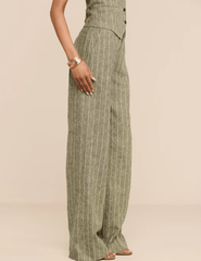 Side view of L'AGENCE Livvy Straight Leg Trouser in Olive Green Pinstripe