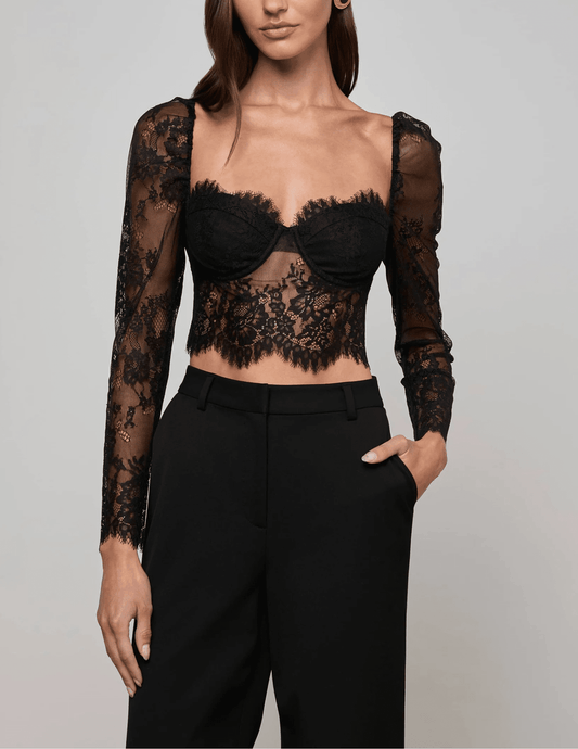 L’AGENCE Lori Lace Bustier Top in black floral lace with long sleeves front