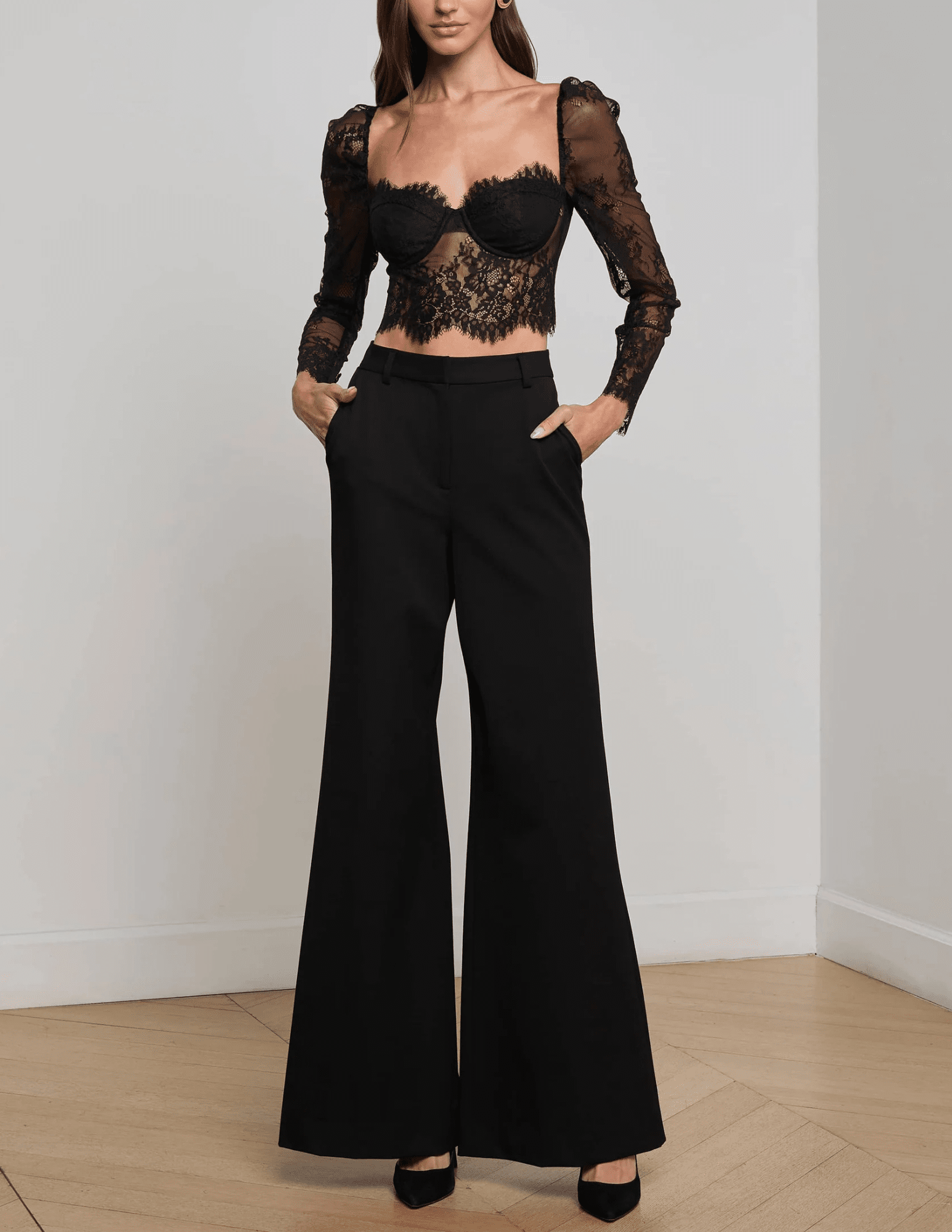 L’AGENCE Lori Lace Bustier Top in black floral lace with long sleeves