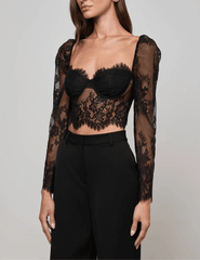 L’AGENCE Lori Lace Bustier Top in black floral lace with long sleeves
