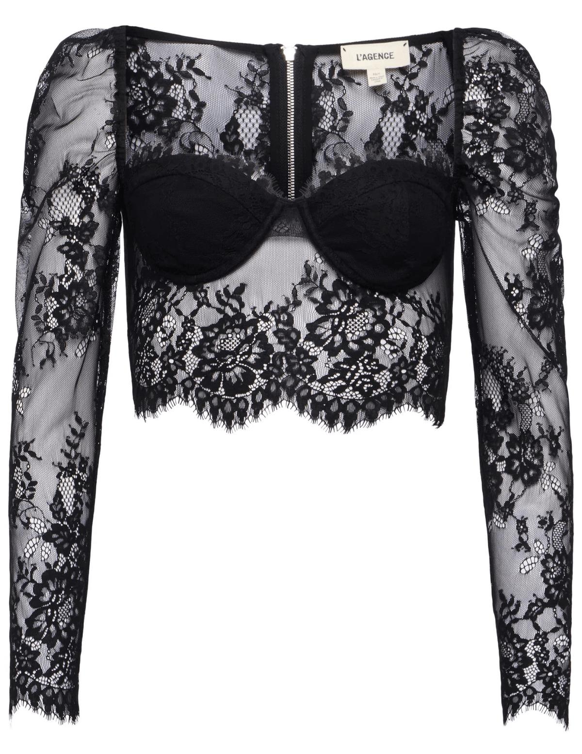 L’AGENCE Lori Lace Bustier Top in black floral lace with long sleeves