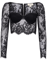 L’AGENCE Lori Lace Bustier Top in black floral lace with long sleeves