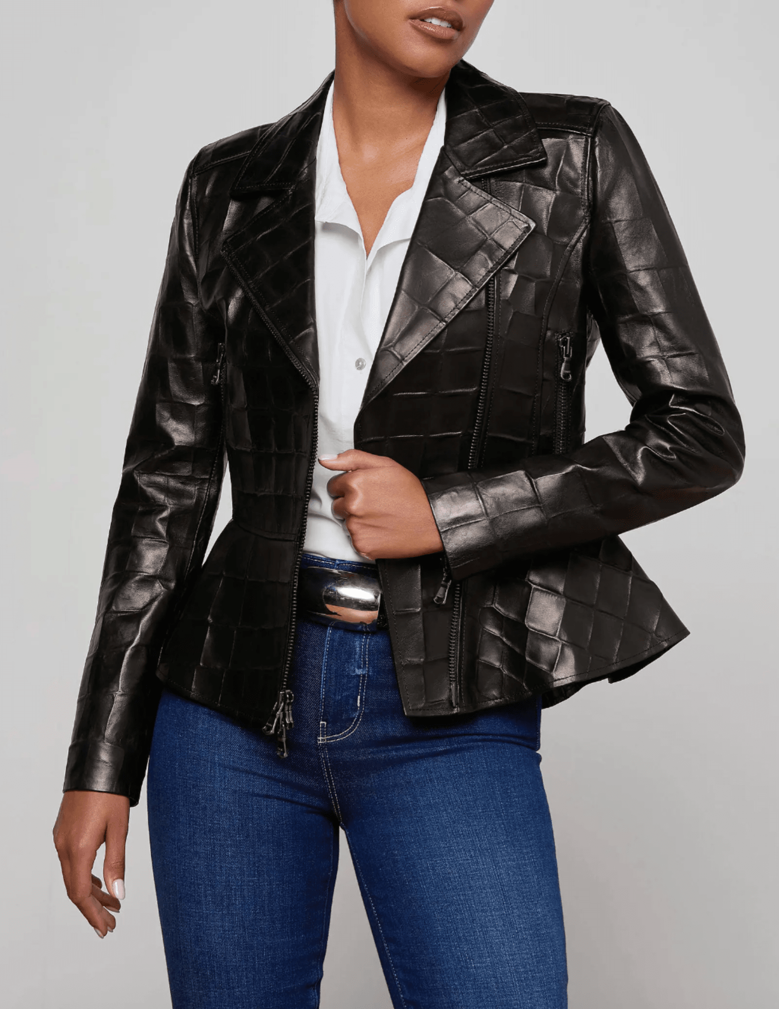 Model wearing L’AGENCE black croc-embossed leather jacket – front