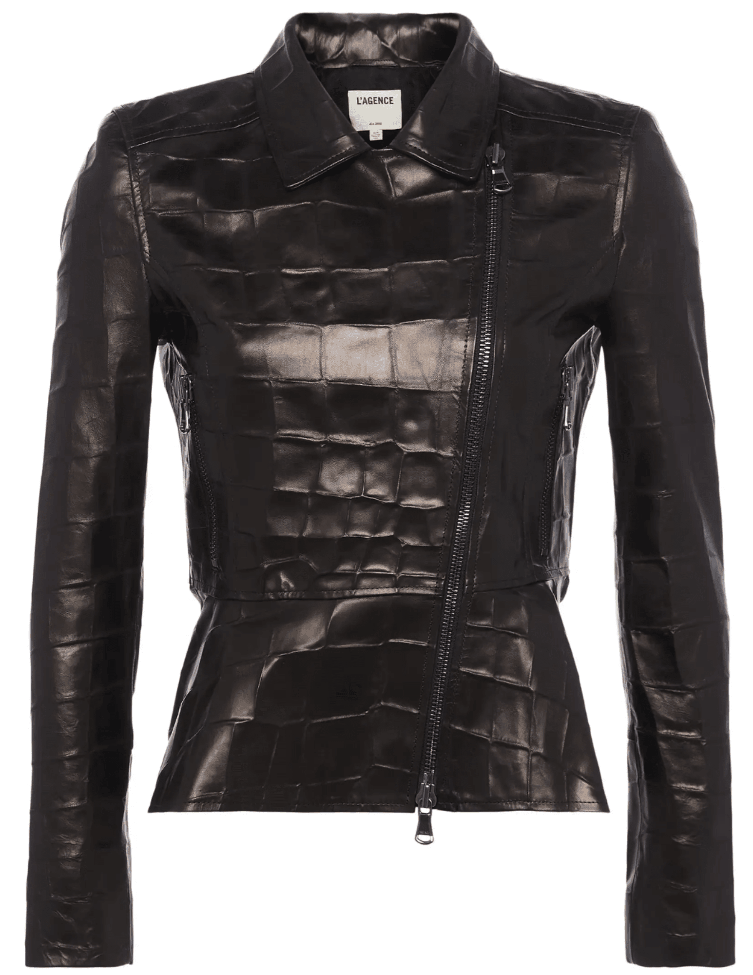 L’AGENCE Lyric croc-embossed black leather peplum jacket front view