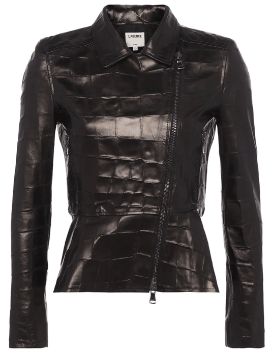 L’AGENCE Lyric croc-embossed black leather peplum jacket front view