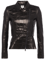 L’AGENCE Lyric croc-embossed black leather peplum jacket front view