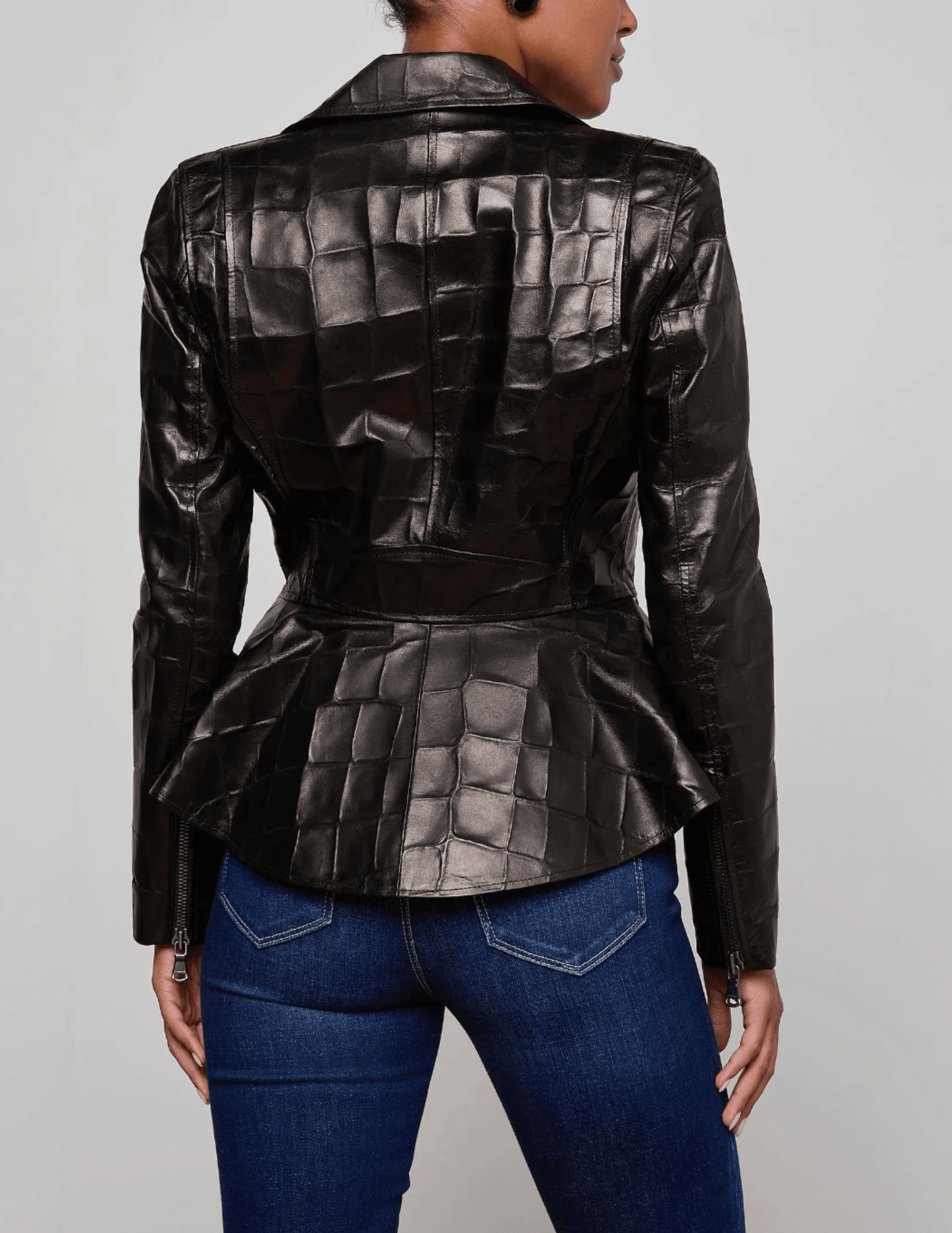 Back view of L’AGENCE black croc-embossed lambskin jacket