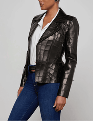 Model wearing L’AGENCE black croc-embossed leather jacket – side
