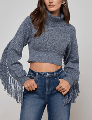 Front view of L’AGENCE Maddison Fringe Turtleneck Sweater in Denim Blue