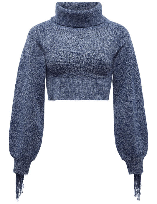 L’AGENCE Maddison Fringe Turtleneck Sweater in Denim Blue