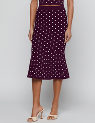 L'AGENCE Mae Knit Flare Skirt in Plum Ivory Polka Dot front view