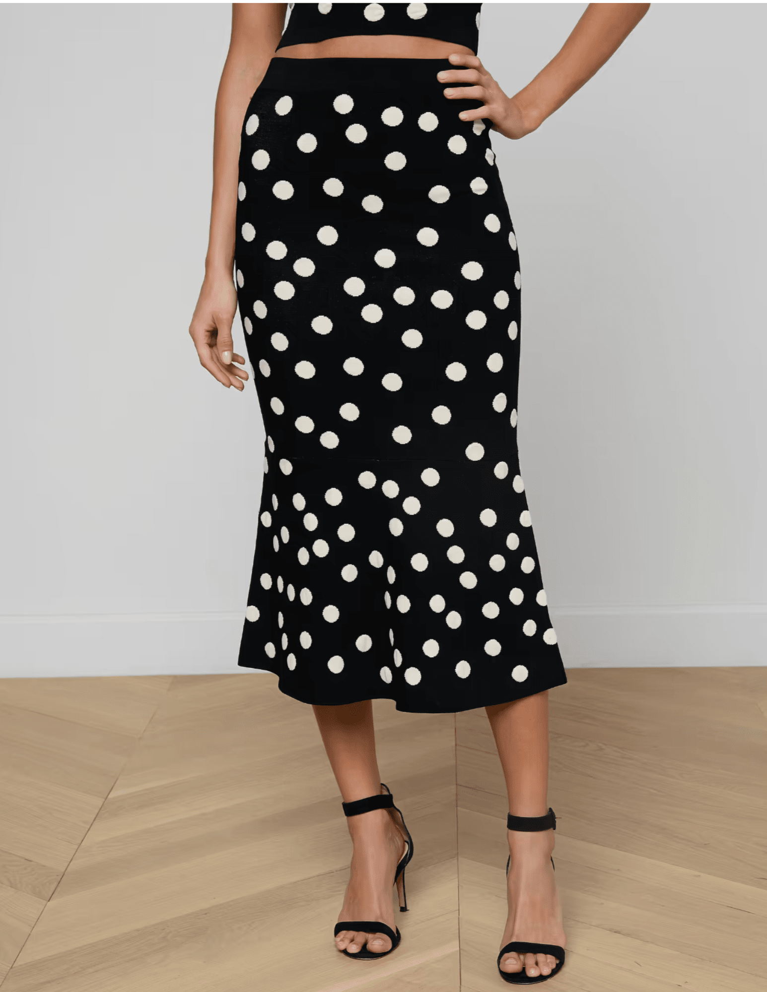 L'Agence Mae knit midi skirt in black ecru polka dot