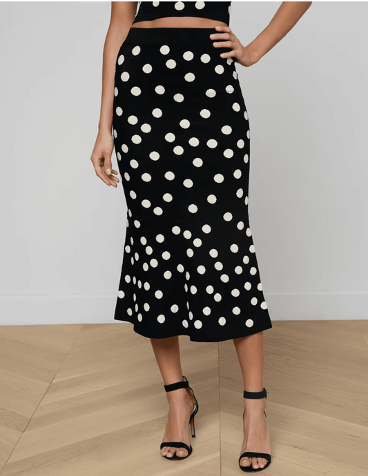 L'Agence Mae knit midi skirt in black ecru polka dot
