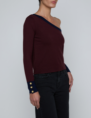 Side angle of Maeva One Shoulder Sweater showing slim fit and button cuff detail.