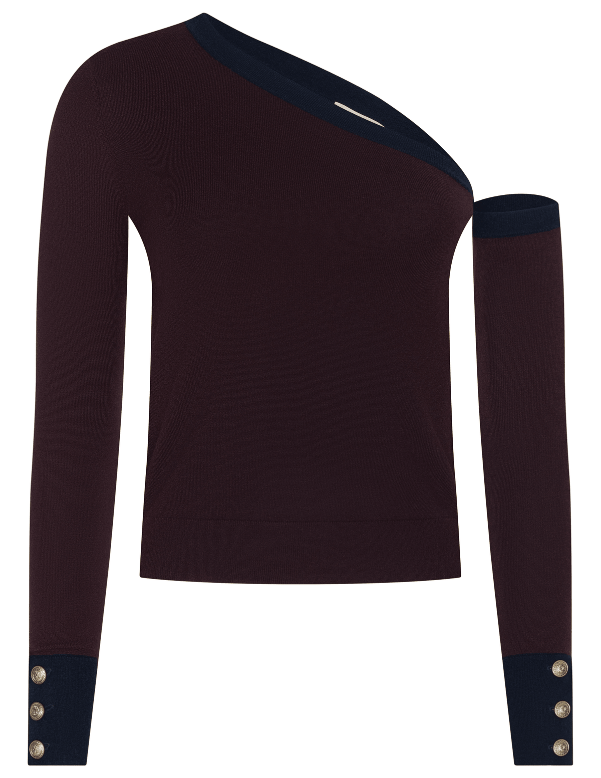 L’AGENCE Maeva One Shoulder Color-Block Sweater in Malbec and Midnight.”