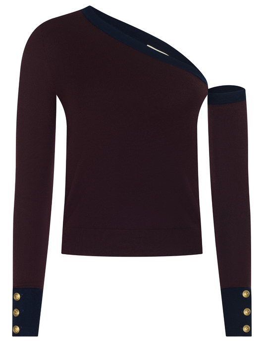 L’AGENCE Maeva One Shoulder Color-Block Sweater in Malbec and Midnight.”