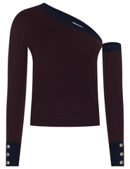 L’AGENCE Maeva One Shoulder Color-Block Sweater in Malbec and Midnight.”