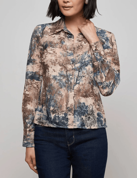 L’AGENCE Maia Printed Lace Blouse in Tan Multi Western Toile – front view