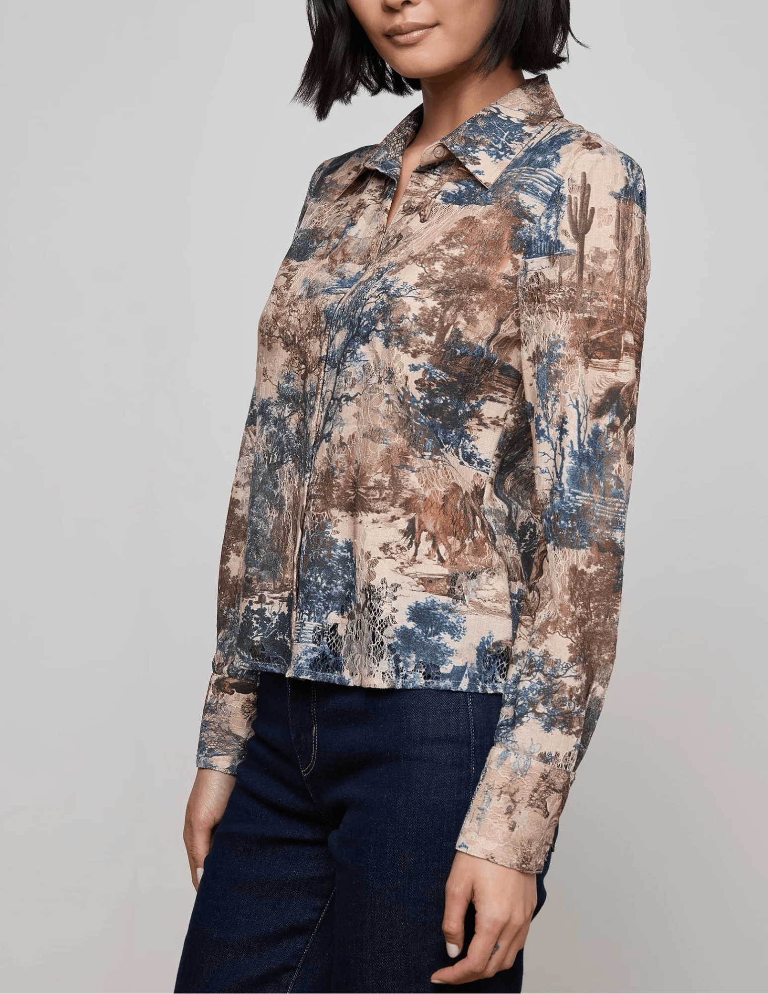 L’AGENCE Maia Printed Lace Blouse in Tan Multi Western Toile – side view