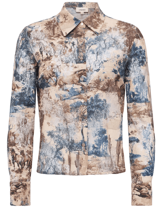 L’AGENCE Maia Printed Lace Blouse in Tan Multi Western Toile