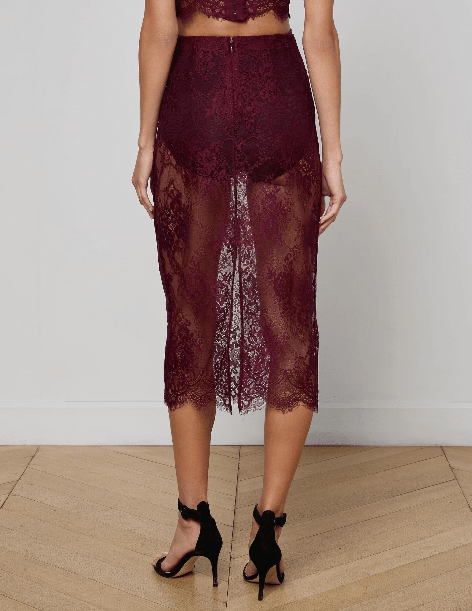 L’AGENCE Makena lace pencil skirt in dark port floral Chantilly lace back view