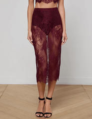 L’AGENCE Makena lace pencil skirt in dark port floral Chantilly lace front view