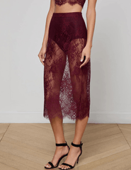 ’AGENCE Makena lace pencil skirt in dark port floral Chantilly lace side view