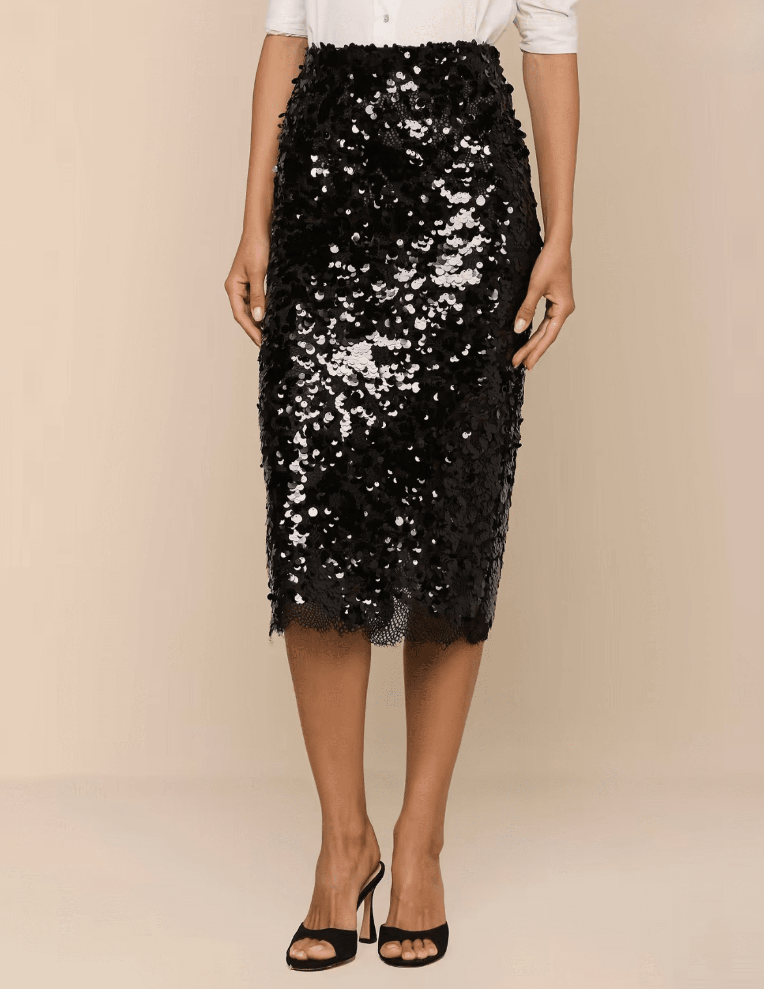 Front view of L'AGENCE Makena Sequin Lace Pencil Skirt in Black