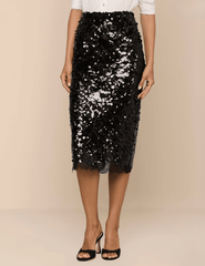 Front view of L'AGENCE Makena Sequin Lace Pencil Skirt in Black