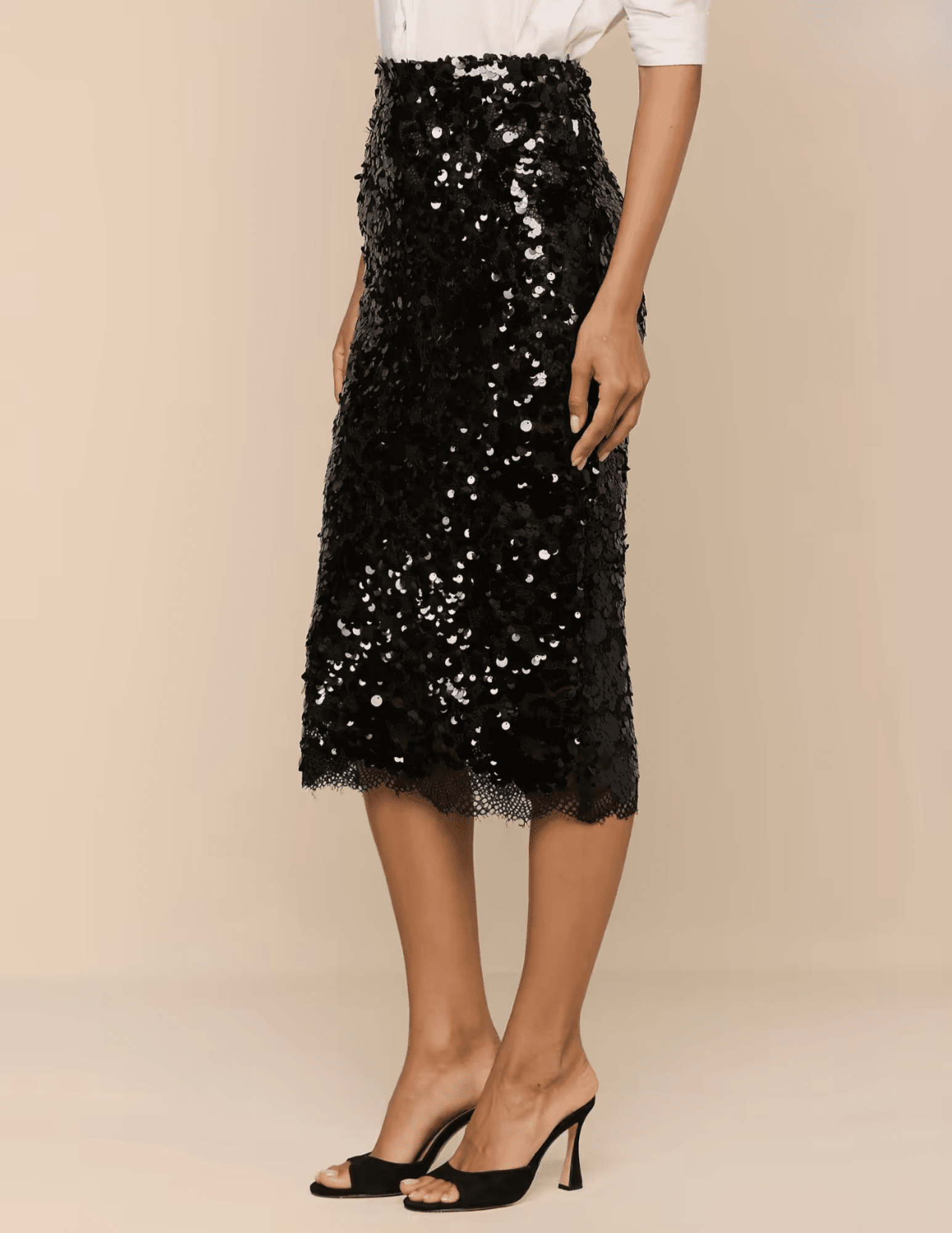 Side view of L'AGENCE Makena Sequin Lace Pencil Skirt in Black