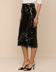 Side view of L'AGENCE Makena Sequin Lace Pencil Skirt in Black