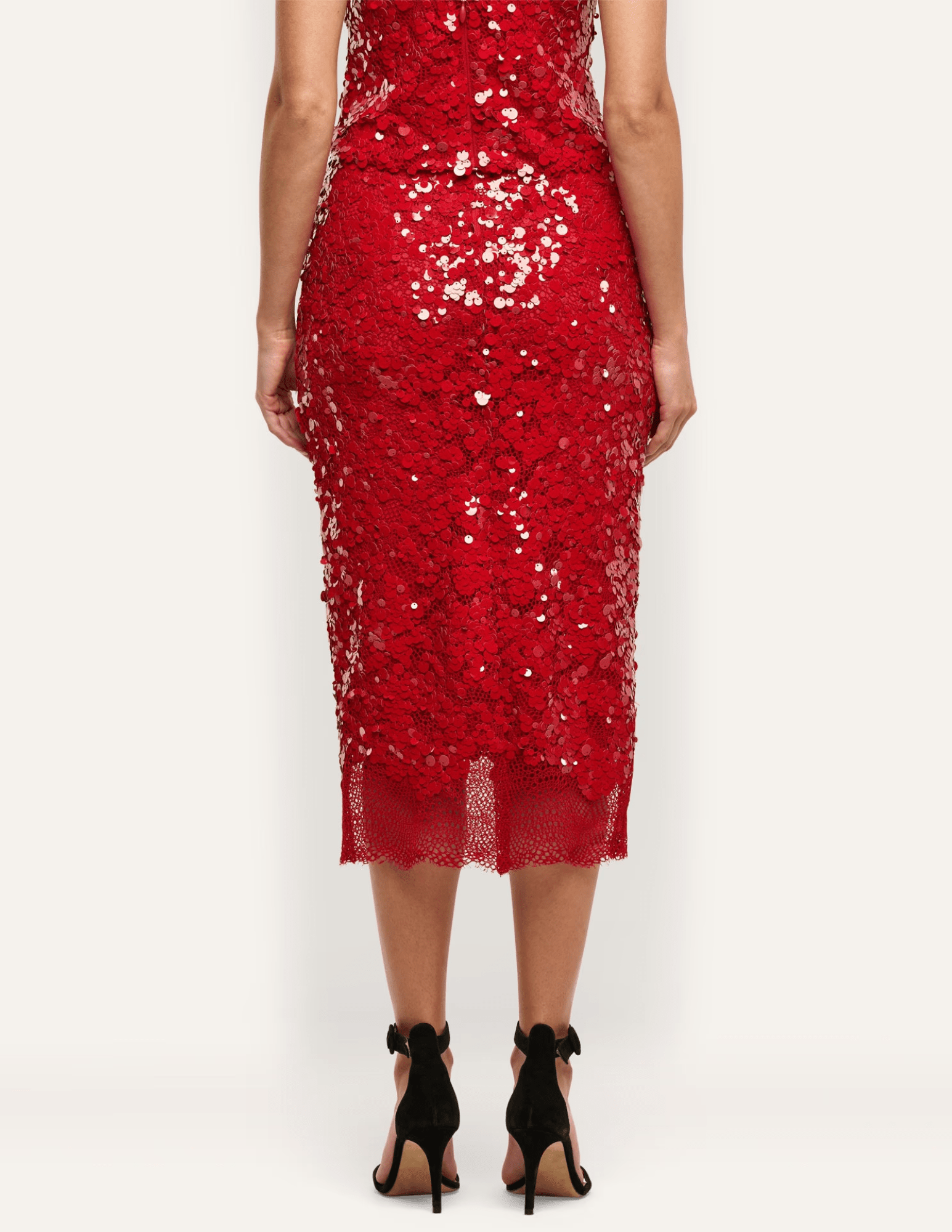 Back view of L'AGENCE Makena Sequin Pencil Skirt in Red with a back vent
