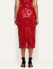 Back view of L'AGENCE Makena Sequin Pencil Skirt in Red with a back vent