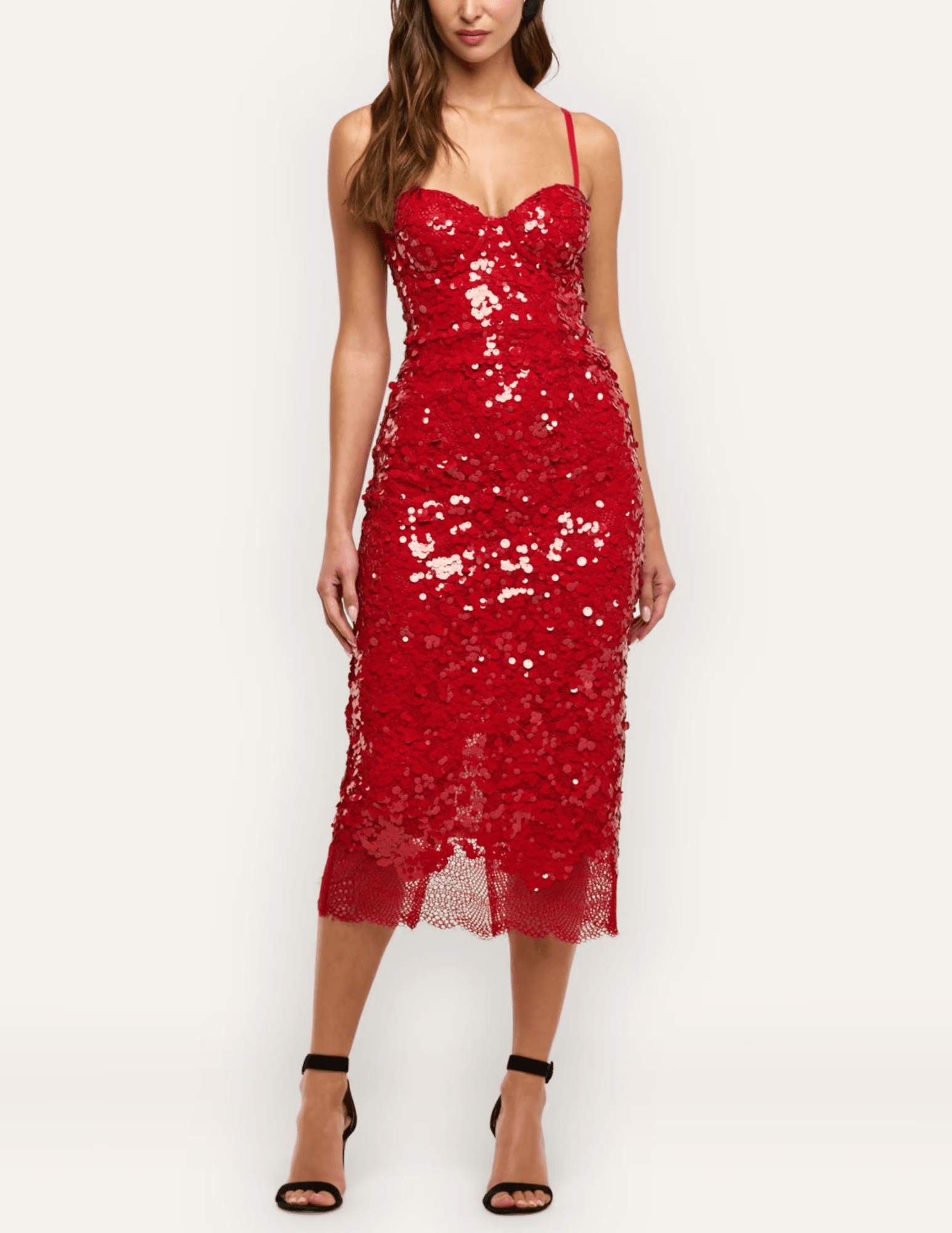 L'AGENCE Makena Red Sequin Pencil Skirt styled with a coordinating red sequin top