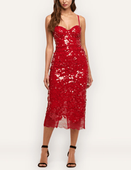 L'AGENCE Makena Red Sequin Pencil Skirt styled with a coordinating red sequin top