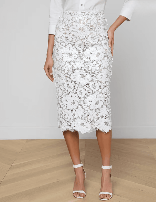 L’AGENCE Makena white sequin lace pencil skirt front view
