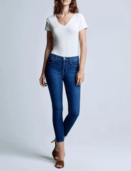 Model wearing L’Agence Margot High-Rise Skinny Jean Byers – designer skinny jeans, high rise waist, cropped length
